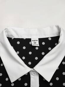 SHEIN 兒童青少年女孩對比色 Polo 領修身寬鬆黑白波點拼接荷葉邊飾洋裝，時尚通勤返校穿搭 - 黑與白 - 查看 8