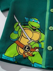 TEENAGE MUTANT NINJA TURTLES | SHEIN Young Boy Summer Casual Cartoon Print T-Shirt & Shorts Set - Green - View 5