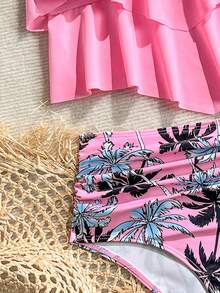 Swim Lushoire 女款粉色荷葉邊連身泳衣，高腰遮肚，椰子樹印花，保守款，兩件式，度假溫泉泳衣 - 粉色 - 查看 6