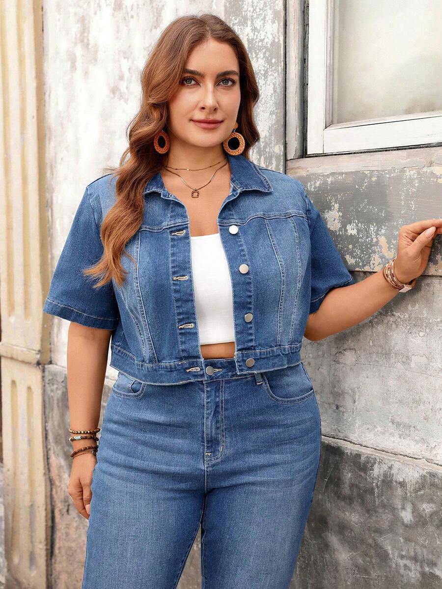 Elenzga Plus Size Women's Elegant Comfortable Mid-Blue Stretch Denim Jacket - Light Wash - View 1