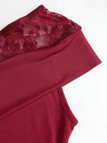 Sweetra Women's Fashion Elegant Sexy Asymmetrical Shoulder Premium Burgundy Color Block Lace Mini Dress Date Night Night Out Summer - Burgundy - View 4