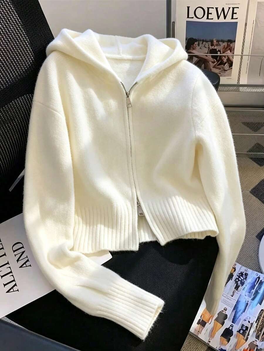 Franclia Cardigan de punto holgado con capucha y doble cremallera en color albaricoque para mujer, suéter chaqueta suelto, suave y acogedor, diseño de otoño/invierno - Albaricoque - Ver 1