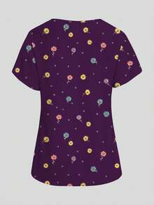 PopScrub Daisy Pattern Nurse Scrub Top, Spring/Summer Fashion V-Neck Short Sleeve Double Pocket Design Side Slit Workwear, Cute Women's Scrub Top, Scrub - Multicolor - View 2