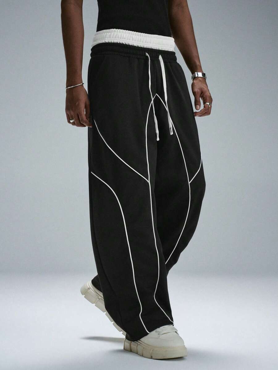 STYNVO Men's Contrast Trim Double Waistband Sweatpants - Black - View 1