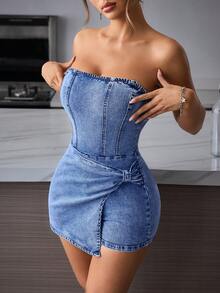 SHEIN PETITE 女款牛仔連身裙，抽褶不對稱下擺，時尚度假旅行風，適合小個女生 - 藍色 - 查看 7