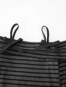 SHEIN 青少年女孩條紋露肩蝴蝶結肩帶喇叭袖長袖上衣，休閒街頭風 - 灰色 - 查看 6