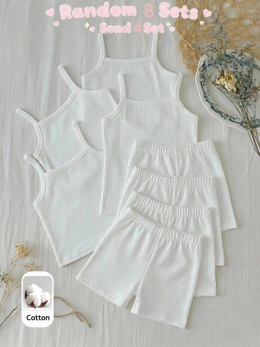 SHEIN 女童純色細肩帶上衣與短褲多功能套裝 - 白色 - 查看 1