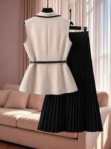 Formidée Plus Size Women Spring/Summer Contrast Trim Blazer Vest + High Waist Pleated Skirt Set, Premium Commuter Elegant Two Pieces Outfit - Multicolor - View 4