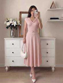 Modelyn Women's Dress, Elegant Twist Front High Waist A Line Textured Fabric Midi Pink Dress For Women Wedding Guest Party Going Out Graduation All Season - Pink - View 4
