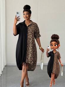 Maweii Plus Size Leopard Print Patchwork Front Button Dress - Multicolor - View 1
