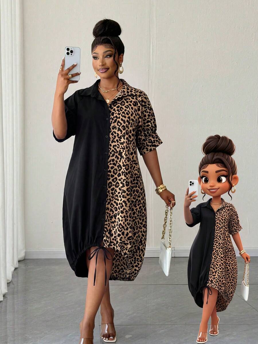 Maweii Plus Size Leopard Print Patchwork Front Button Dress - Multicolor - View 1