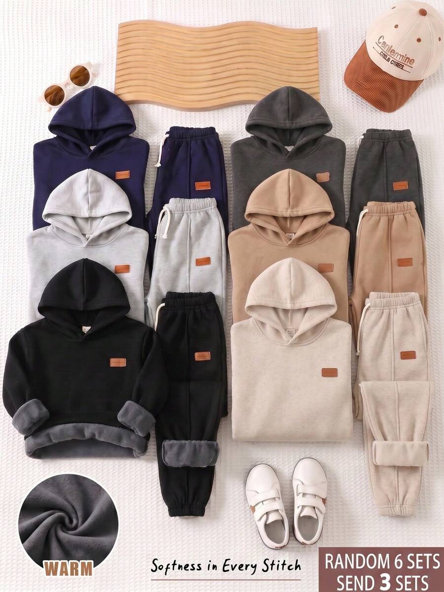 SHEIN 青少年男孩拼接連帽長袖T恤與短褲休閒日常套裝 - 彩色 - 查看 1