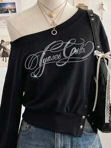 Lalippa Sweatshirt Lengan Panjang Leher Bulat Longgar Wanita Minimalis Modis dengan Hiasan Huruf Berkilau dan Rhinestone, Hadiah untuk Teman - Hitam - View 3