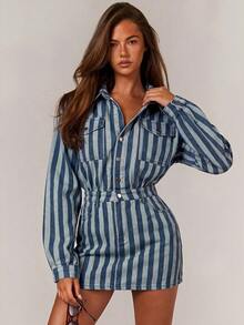 Athîral Denim 女款藍色條紋休閒街頭風牛仔洋裝，適合秋季日常穿著、夜晚外訪，可搭配靴子，商務休閒、辦公休閒風 - 藍色 - 查看 1