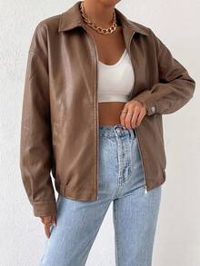 SHEIN EZwear 秋冬款落肩拉鍊PU短版皮夾克 - 駝色 - 查看 6