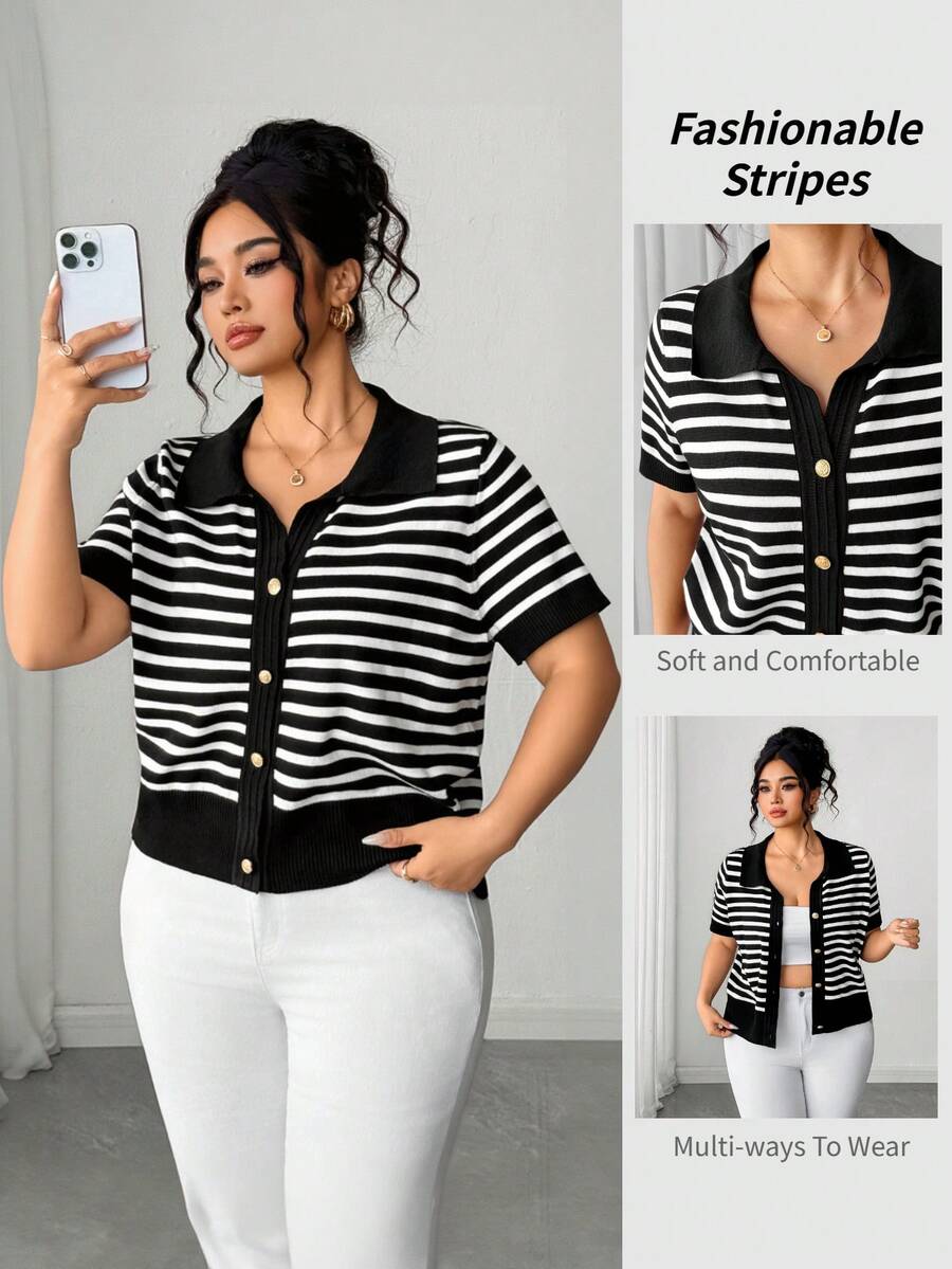Elenzga Plus Size Fitted Commuter Minimalist Elegant Button Knit Cardigan Fall - Black and White - View 1