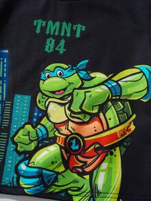 TEENAGE MUTANT NINJA TURTLES | SHEIN Young Boy Letter Cartoon Print Short Sleeve T-Shirt And Shorts Casual Daily Outfit - Black - View 5