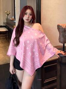 Vibekara Women's Plus Size 2026 Summer Casual Elegant Printed Asymmetric Collar Long Sleeve Asymmetric Hem Shirt Asymmetric Neck Slit Sleeve Loose Fashion Shirt Vintage Sunset Holiday Print Batwing Sleeve Top New Arrival, Versatile For Daily Commute, College, Outing, Vacation, Office, Dating - Multicolor - View 7
