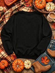 EMERY ROSE Plus Size Pumpkin Rhinestone Bling Sweatshirt Blessed Thankful Grateful, Happy Thanksgiving Gift Fall Season Round Neck Long Sleeve Sweatshirt - Black - View 2