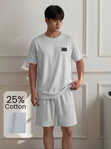 Napfluff Minimalist Solid Color Short Sleeve & Shorts Pajama Set, Men's Simple Comfortable Home Wear 2-Piece Set - Grey - View 1