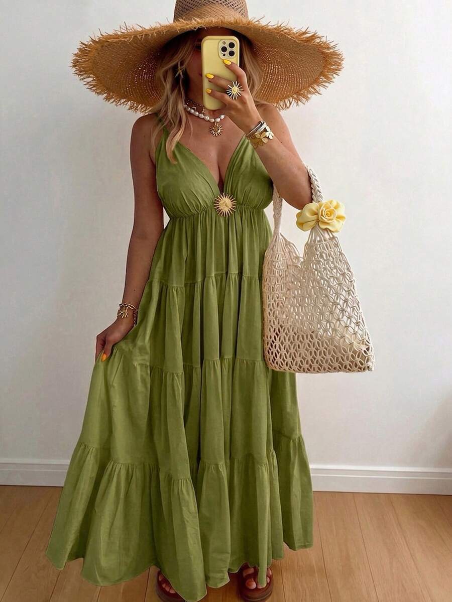 Vaclyn Women's Casual Vacation Metal Decor Pleated Ruffle Hem Cami Dress - Green - View 1