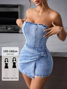 SHEIN PETITE 女款不對稱下擺扭轉式抹胸設計牛仔連身褲，適合嬌小女性 - 藍色 - 查看 1