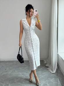 Selianne Standard Size Elegant Women's Tweed Deep V-Neck Sleeveless Lapel Collar Slim Fit Mature Commute Business Casual Semi-Formal Wedding Guest Company Annual Meeting Small Evening Party Elegant Date Afternoon Tea Best Friend Gathering Exhibition Visit Spring Autumn Daily Street Wear Light Travel New Dress - Multicolor - View 7