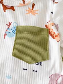 SHEIN Playful Pals 2件組 白色與軍綠色動物印花短袖圓領T恤附口袋 + 鬆緊腰長褲，休閒可愛極簡百搭套裝，適合夏季日常外出或室內穿著 - 綠色 - 查看 8