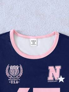 SHEIN Elladie kids 青少年女孩字母與數字印花短袖T恤與工裝褲休閒日常穿搭套裝 - 彩色 - 查看 3