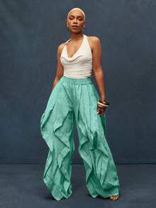 Vixey Solid Textured Woven Elastic Waistband Ruffle Wide Leg Pants, Vacation Pants, Resort Wear, Resort Chic, Beach To Dinner - Lime Green - View 4
