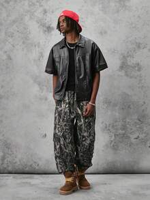 STYNVO 男士夏季時尚短袖PU襯衫 - 黑色 - 查看 5