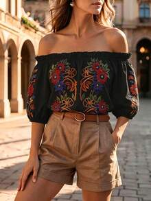 Hotletica Women's Off-Shoulder Ruffle Collar Short Sleeve Puff Sleeve Print Blouse, Loose Apricot Top, Slouchy, Casual Elegant Versatile For Daily Wear, Suitable For Western Theme Cruise, Festival Celebration, Beach Vacation, Music Festival, Bohemian Style Holiday, Back To School, Wedding, Teacher's Day, Mother's Day, All Seasons, Sexy Vacation For Beach Club, Havana Night, Beach Dinner And Other Occasions - Multicolor - View 6