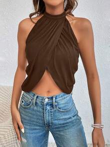 Glamine Summer Sexy Rhinestone Chain Decor Backless Halter Top Party Club Coffee Brown - Brown - View 6