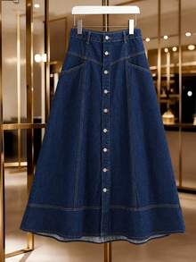GlowEve Women's Denim Skirt With Pockets And Metal Buttons - Dark Wash - View 3