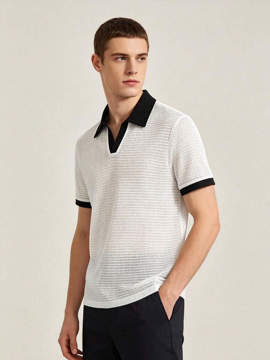 Manfinity Homme Camisa polo casual de cuello en V con contraste de color para hombres - Blanco - Ver 1