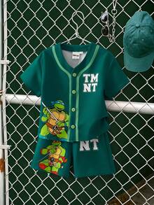 TEENAGE MUTANT NINJA TURTLES | SHEIN Young Boy Summer Casual Cartoon Print T-Shirt & Shorts Set - Green - View 1