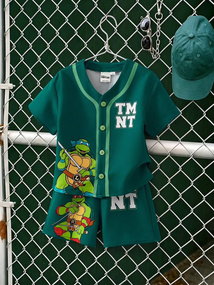 TEENAGE MUTANT NINJA TURTLES | SHEIN Young Boy Summer Casual Cartoon Print T-Shirt & Shorts Set - Green - View 1