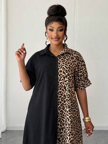 Maweii Plus Size Leopard Print Patchwork Front Button Dress - Multicolor - View 4