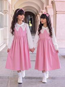 Vestido 2 en 1 casual de moda para niñas en primavera/otoño para volver a la escuela, diseño de patchwork de color contrastante con volantes en el bajo, lazo 3D rojo rosa, vestido maxi de manga larga, estilo elegante y lindo para uso diario en la escuela, vacaciones y sesiones de fotos - Multicolor - Ver 4