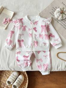 SHEIN Vintaside Kids 女嬰女童秋冬長袖圓領簡約休閒印花夾克與時尚休閒百搭印花長褲套裝，舒適適合露營與居家穿著，實用時尚設計，適合秋冬戶外與室內休閒 - 彩色 - 查看 3