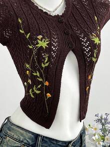 Elamini 女款鏤空花卉葉片刺繡鈕扣蕾絲百搭可愛精緻度假針織薄款開襟衫 - 棕色 - 查看 6