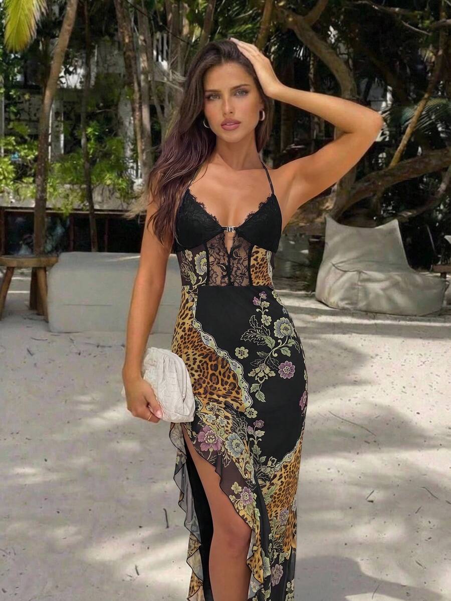 Aloruh Women's Spring/Summer Vacation Butterfly Mesh Print Halter Neck Lace Patchwork Extra Long Slit Ruffle Hem Dress - Multicolor - View 1