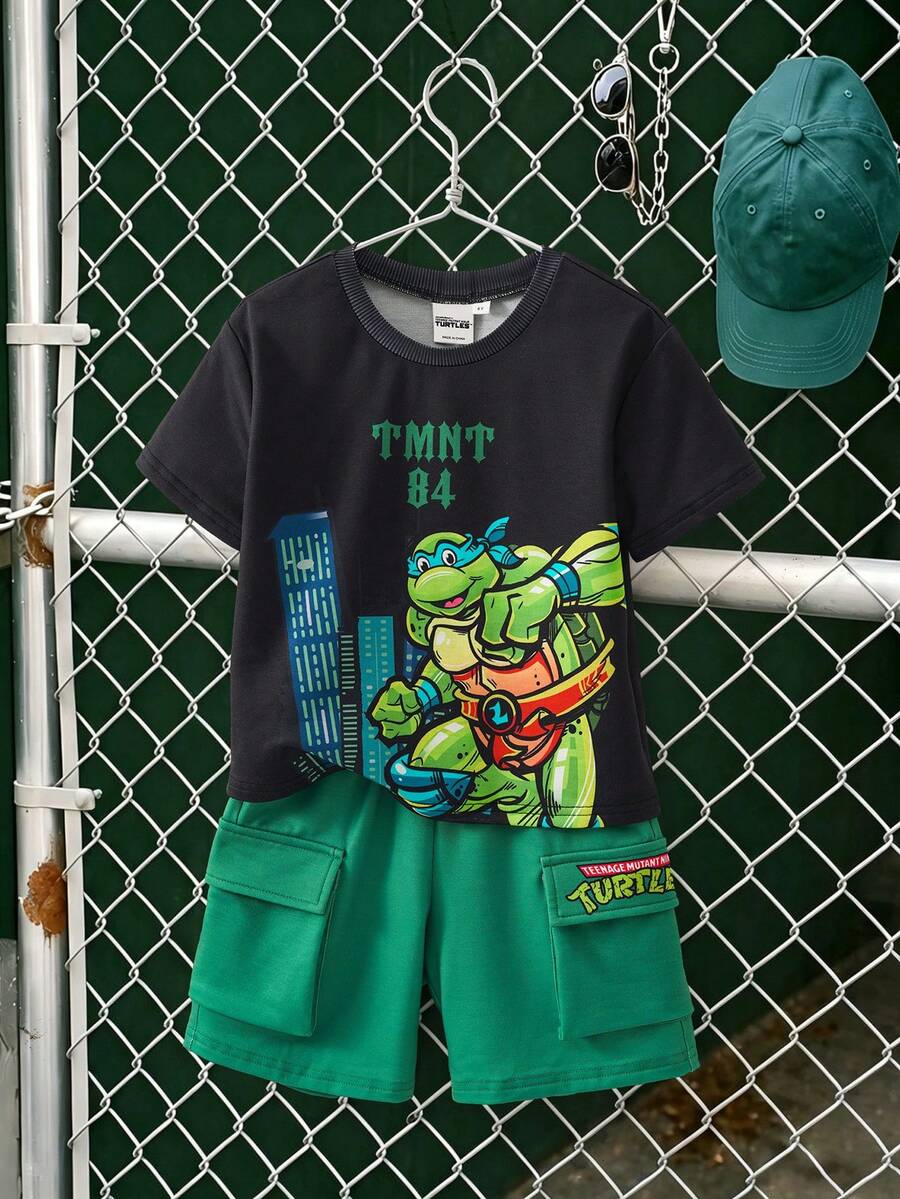 TEENAGE MUTANT NINJA TURTLES | SHEIN Young Boy Letter Cartoon Print Short Sleeve T-Shirt And Shorts Casual Daily Outfit - Black - View 1