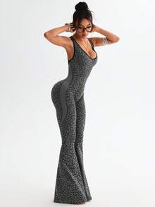 Slayform Slayform 1pc Leopard Print Knotted Open-Back Plunge Flare Jumpsuit Y2k Glowmode - Multicolor - View 6
