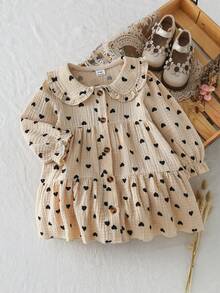 SHEIN Playful Pals Korean Style 2 In 1 Plaid Dress, Sweet Princess Baby Infant Spring/Autumn - Khaki - View 3