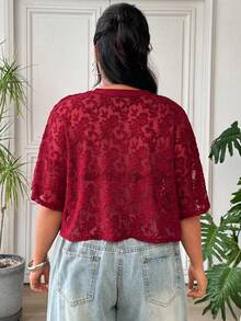 SHEIN EZwear 大尺碼女款花卉網紗圓領短袖寬鬆上衣 - 紅色 - 查看 2