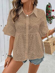 SHEIN Holidaya 女款素色百褶休閒百搭日常出遊襯衫 - 卡其色 - 查看 4