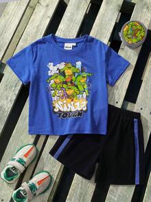 TEENAGE MUTANT NINJA TURTLES | SHEIN 小男孩夏季休閒卡通印花T恤 - 藍色 - 查看 1