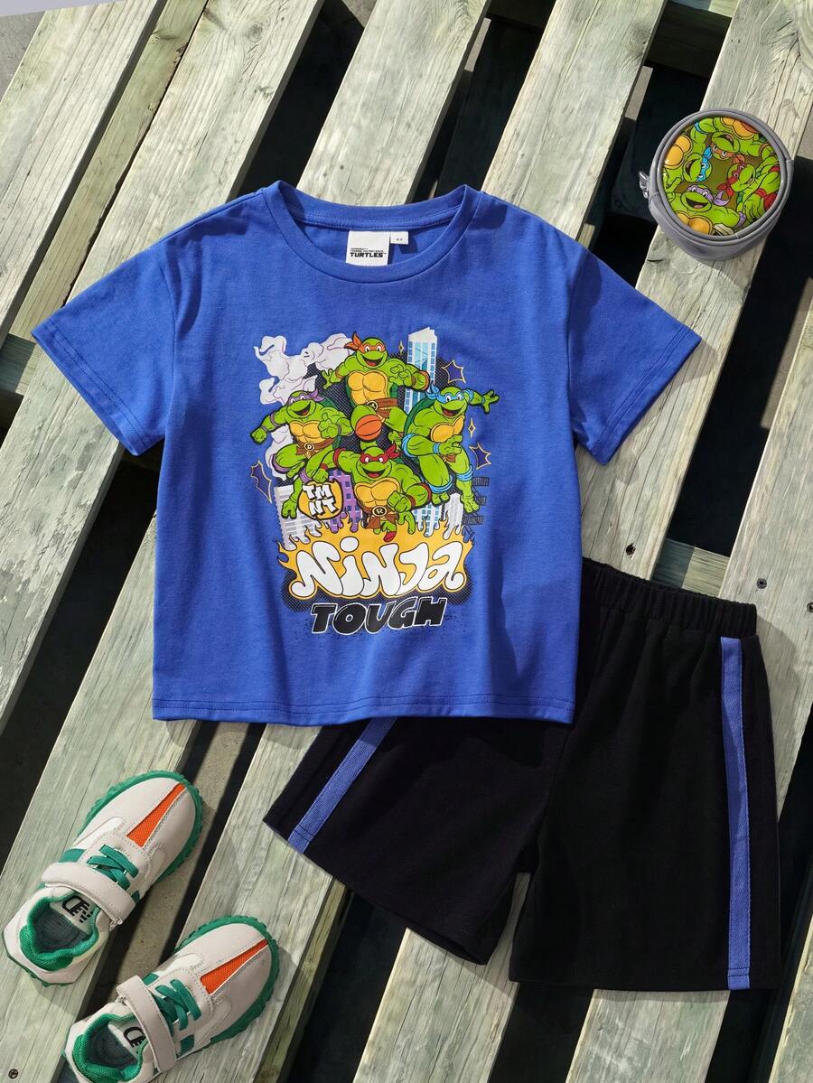 TEENAGE MUTANT NINJA TURTLES | SHEIN 小男孩夏季休閒卡通印花T恤 - 藍色 - 查看 1