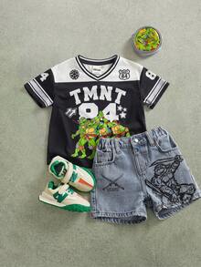 TEENAGE MUTANT NINJA TURTLES | SHEIN 小男孩夏季休閒對比色卡通印花T恤 - 黑色 - 查看 4